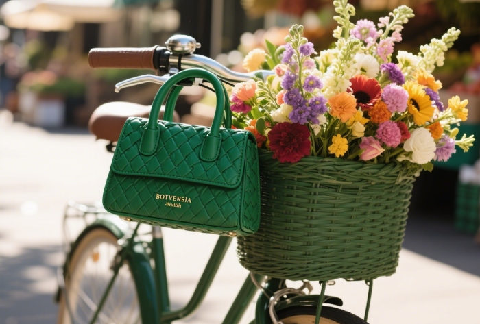 Bottega Veneta Mini Jodie in green styled with summer bike ride, playful luxury bag gift