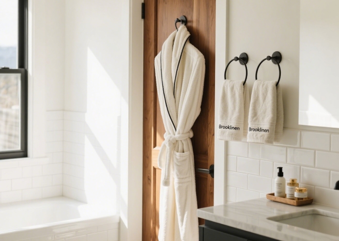Brooklinen Super-Plush Robe with bath essentials for a luxurious retreat
