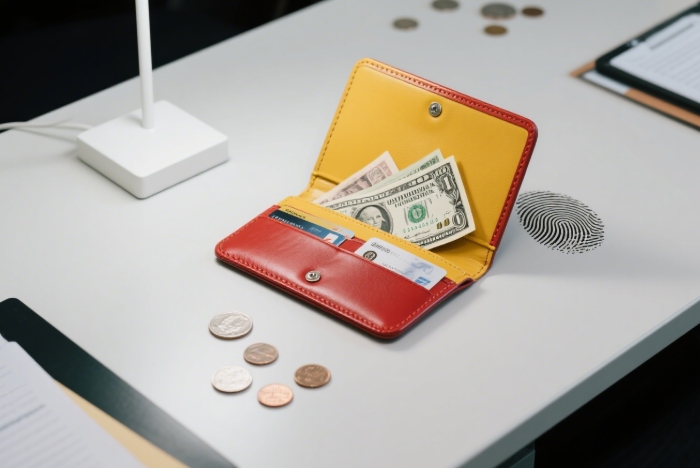 Buttered leather wallet with a thumbprint impression beside loose coins