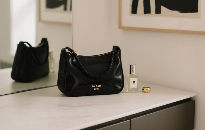 By Far 2025 glazed leather Sofia bag, luxury cream shoulder bag for women