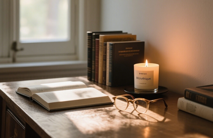 Byredo Bibliothèque candle with books and reading essentials