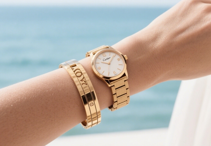 Cartier Love Bracelet stacked with watch, luxury summer jewelry gift for serious relationships