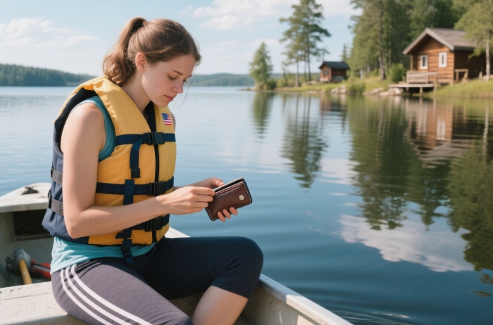 Chums floating wallet attached to a life jacket strap