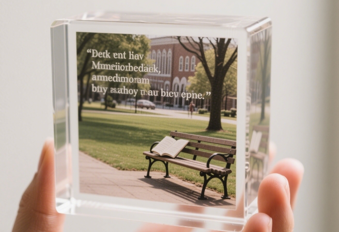 Clear acrylic paperweight engraved with campus bench scene and inspirational quote.