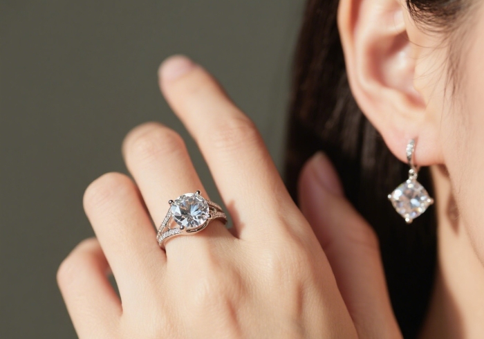 Close-up hand wearing elegant lab-grown diamond ring on finger