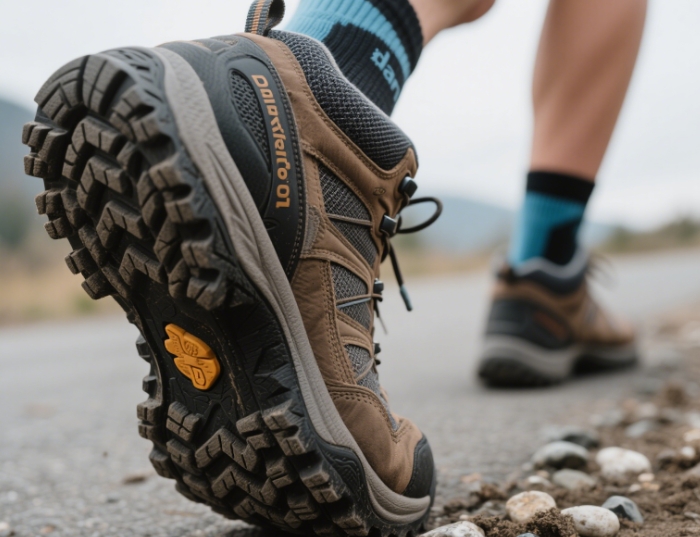 Close-up of Darn Tough socks with hiking boots on trail