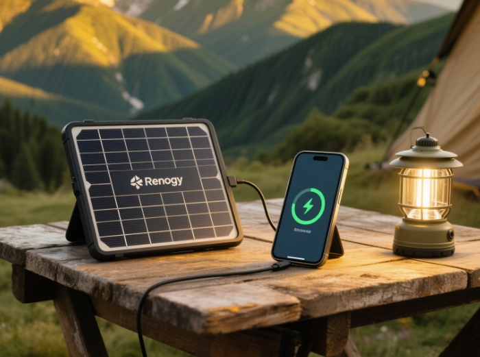 Close-up of Renogy solar panel charging phone and headlamp on wooden camping table with mountains in background