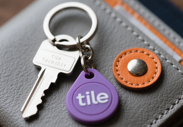 Close-up of Tile Bluetooth tracker on keychain and wallet