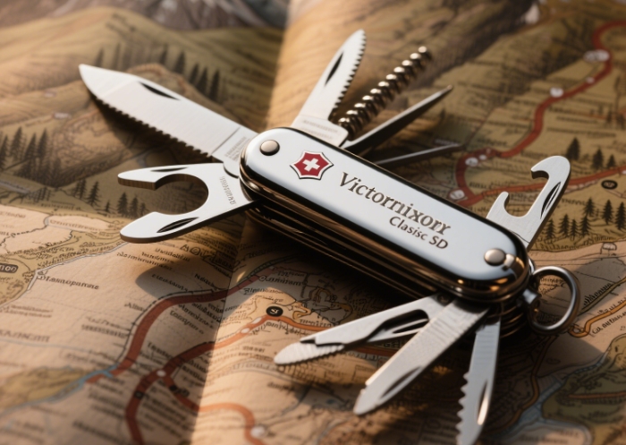 Close-up of a Victorinox Swiss Army Classic SD multi-tool on a hiking map