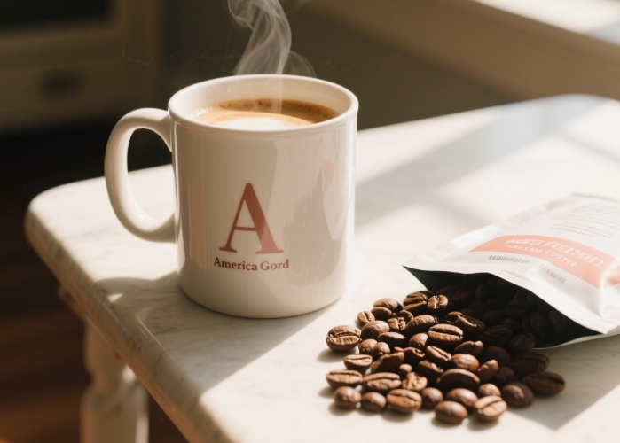 Close-up of a perfect latte in a cozy ceramic mug beside specialty coffee beans, morning light, implying peace offering after a small argument