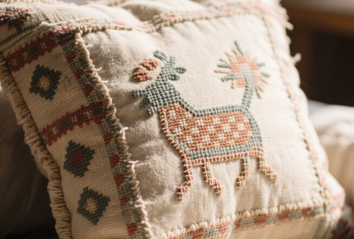 Close-up of handmade quiltpillow crafted from sentimental band t-shirtschildhood blanket