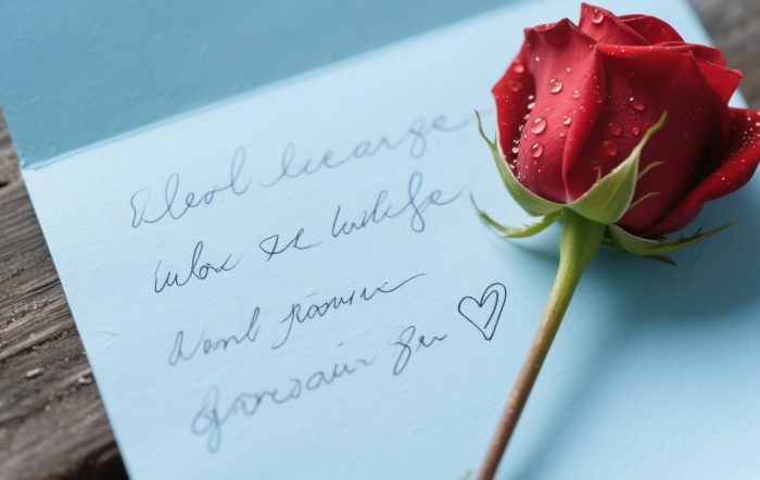 Close-up of handwritten love note on rustic paper with coffee mug