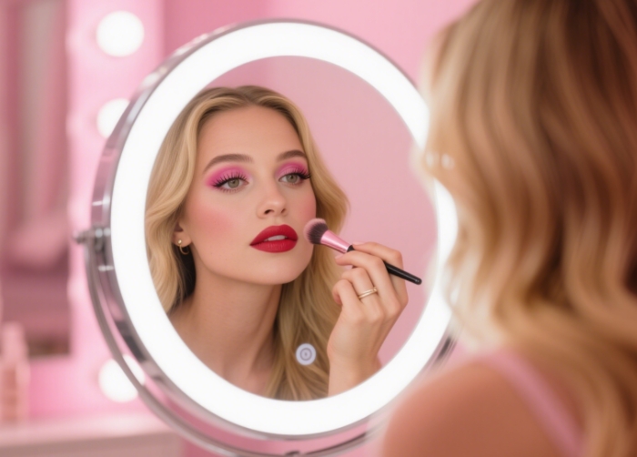 Close-up of woman using LED vanity mirror, reflection shows detailed makeup look