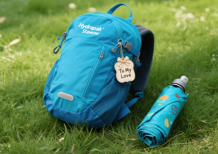 Collapsed and full Hydrapak Stow water bottle next to hiking backpack