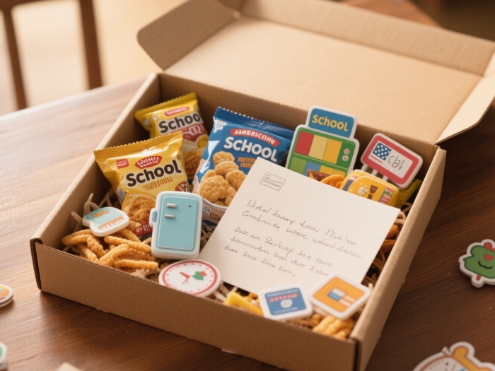 College care package with snacks, school merchandise, and a handwritten note.