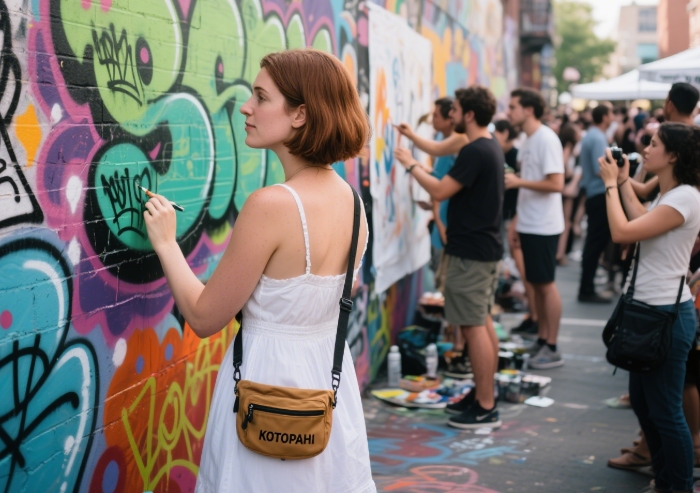Colorful Cotopaxi fanny pack worn crossbody at a street festival