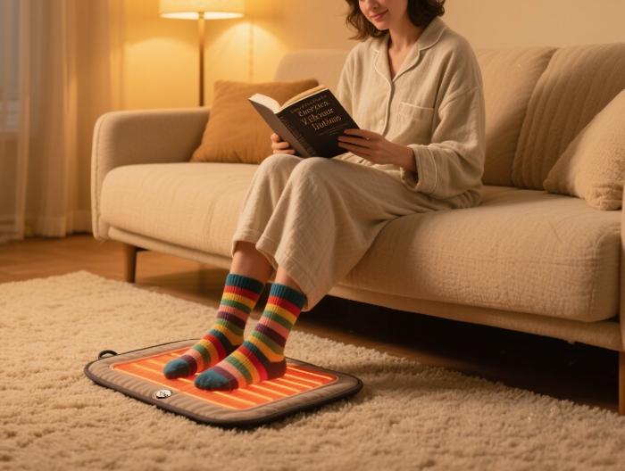 Colorful gripper socks on feet near heating pad