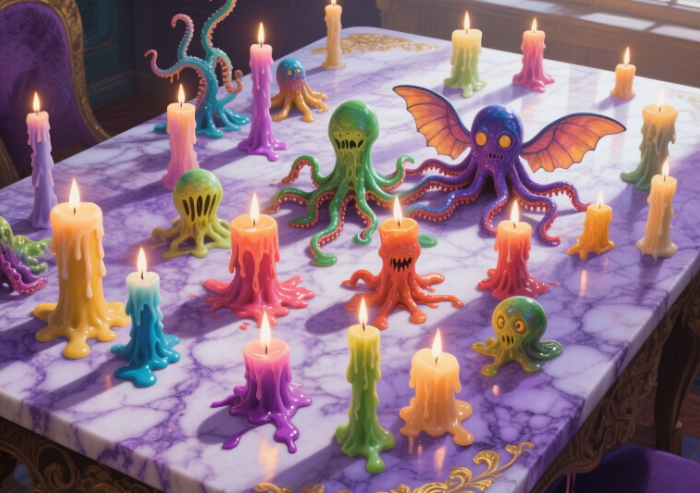 Colorful melting monster candles in various shapes and sizes on a marble table, creating playful shadows