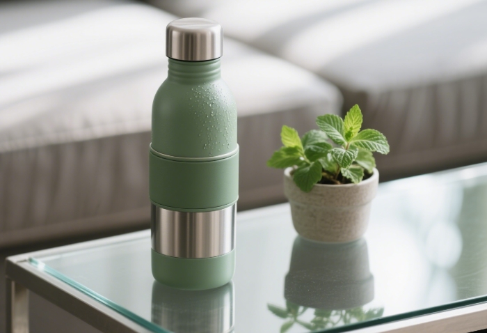 Condensation-free minimalist stainless steel water bottle in muted sage green beside plant