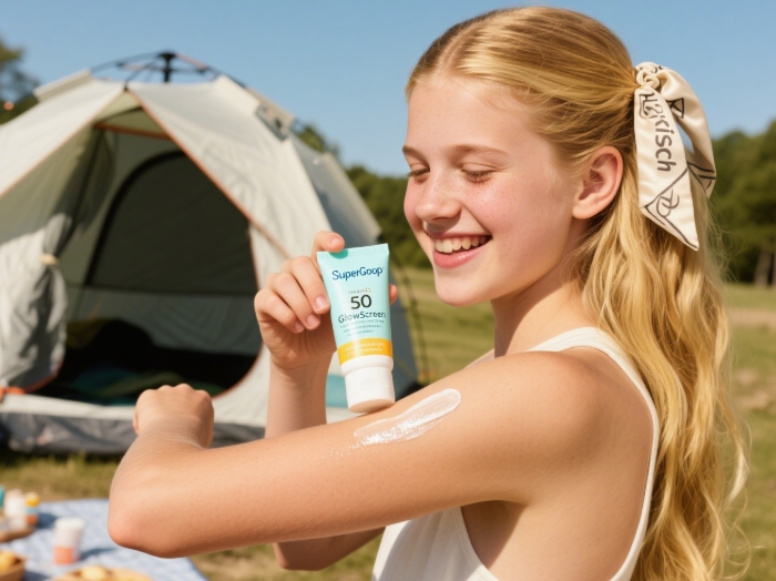 Confident woman using Supergoop Glowscreen sunscreen and Kitsch satin scrunchie, essential luxury camping protection gifts outdoors