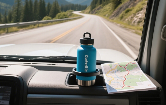 Corkcicle canteen in a car cup holder on a road trip