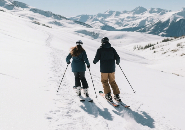 Couple backcountry ski touring up mountain slope - adventurous winter anniversary gift