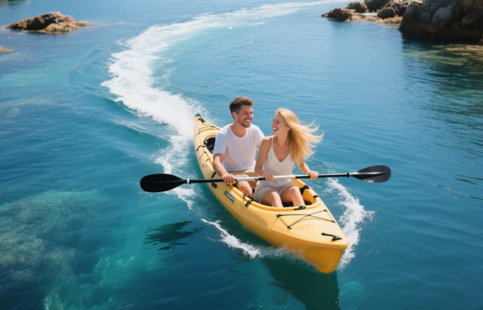 Couple celebrating anniversary with romantic sea kayaking and picnic adventure gift