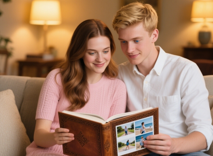 Couple enjoying a custom anniversary photo book with romantic memories