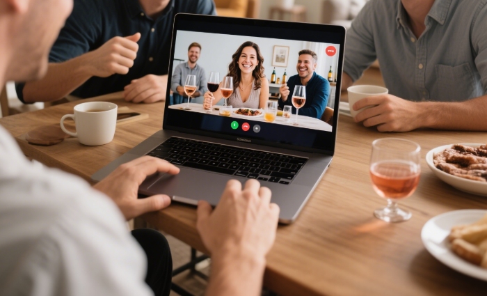 Couple enjoying a virtual cooking class together over video call, fun and interactive long-distance anniversary gift idea.