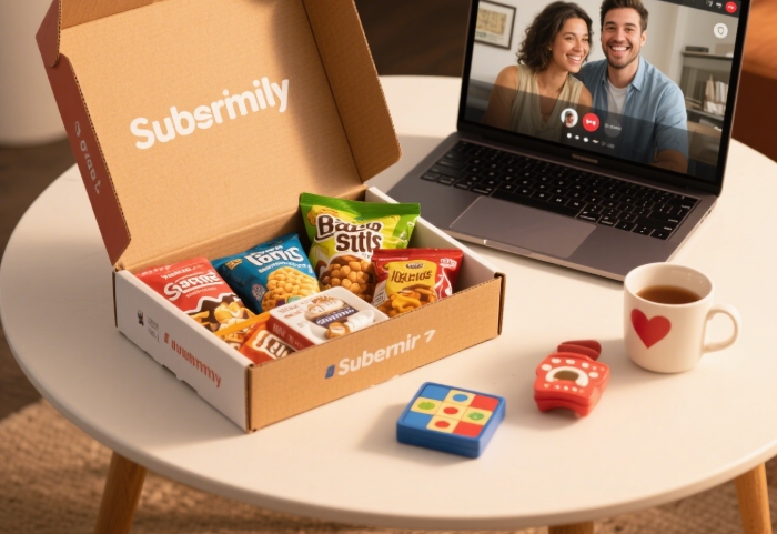 Couple enjoying a virtual date night with a subscription box, perfect anniversary gift for long-distance relationships