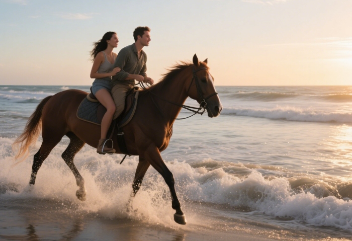 Couple horseback riding on beach at sunset - romantic adventurous anniversary gift