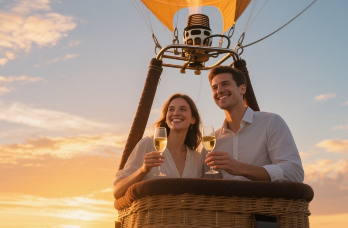 Couple in balloon basket holding champagne, golden hour lighting