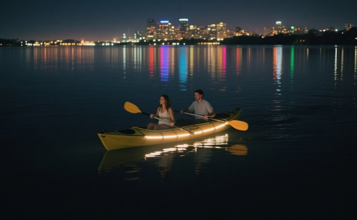 Couple nighttime kayaking with glowing lights on calm water - unique adventurous anniversary date