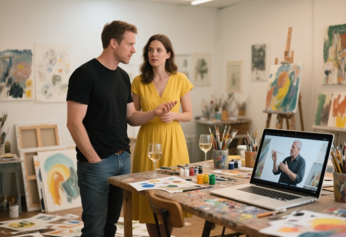 Couple painting with wine glasses and laptop instructor