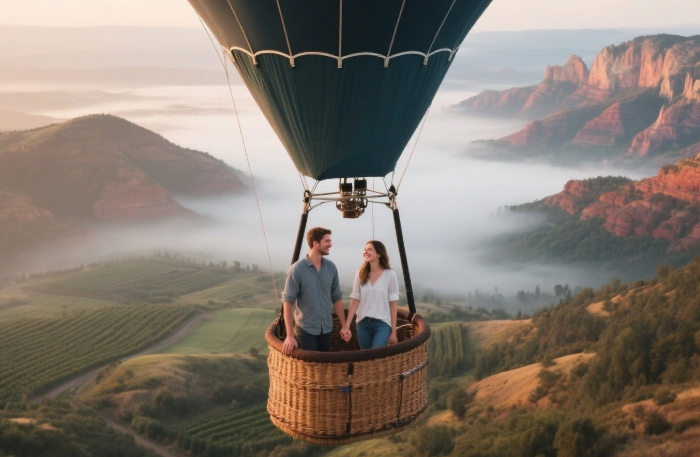 Couple smiling in hot air balloon basket overlooking sunrise landscape - romantic anniversary adventure gift