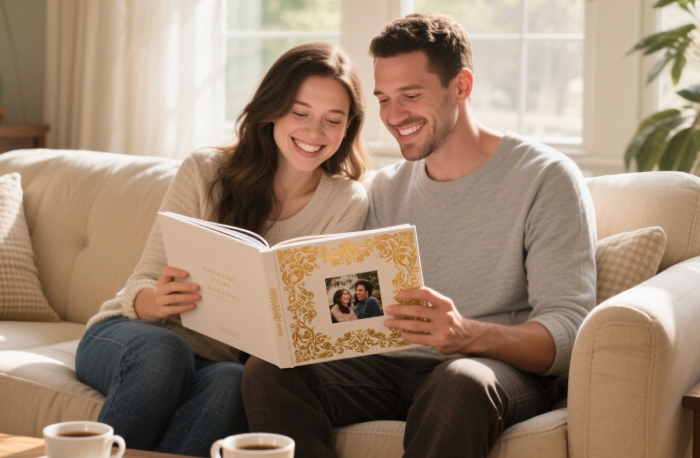 Couple smiling while flipping through a personalized photo album together