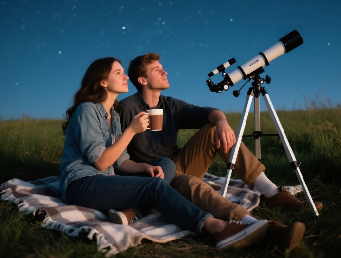 Couple stargazing with telescope under Milky Way - romantic adventurous anniversary night