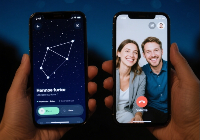 Couple using stargazing apps on phones during a video call under the night sky