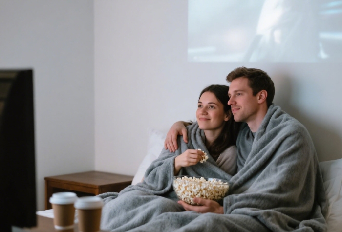 Couple watching movie projected on bedroom wall, cozy blankets and popcorn