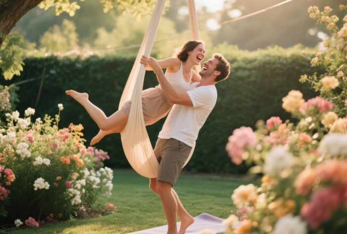 Couples laughing while failing at acro-yoga pose