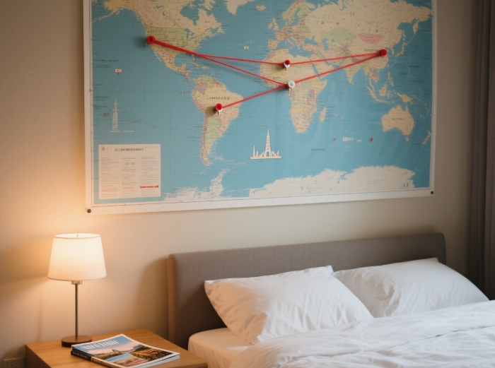 Couple’s travel map with pins marking long-distance relationship locations