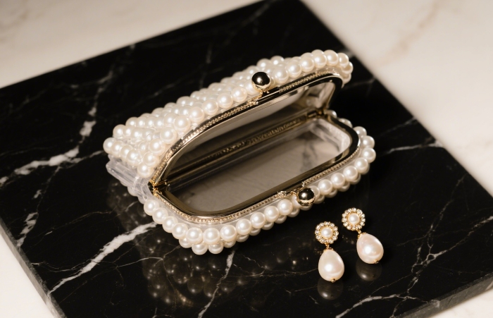 Cult Gaia 2025 pearl-accented acrylic clutch, trendy luxury evening bag