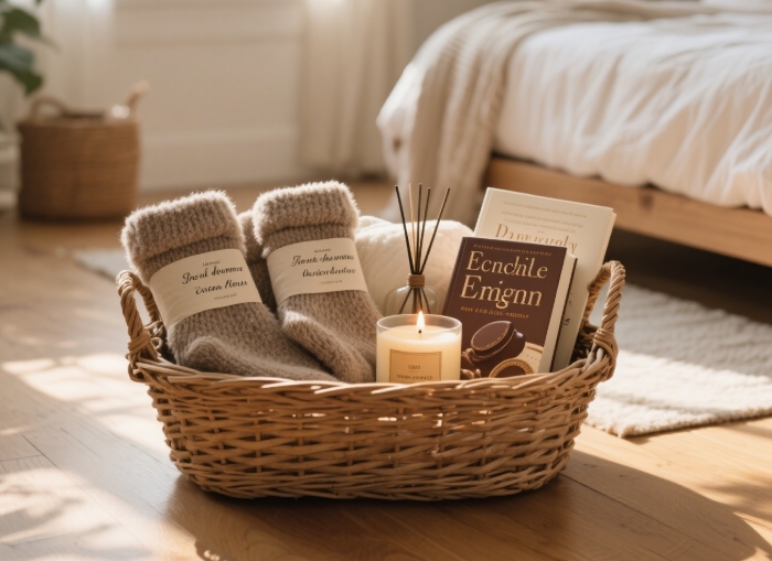 Curated basket with plush socks, scented candle, gourmet cocoa, novel - ultimate cozy comfort for homebody apology