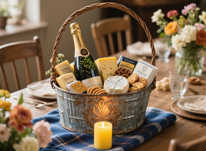 Curated gift basket for women celebrating a promotion with wine and luxury treats.