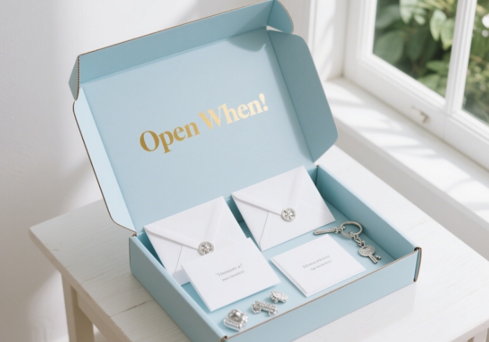 Custom 'Open When' letters and gifts in a decorative box, sentimental anniversary present under $200