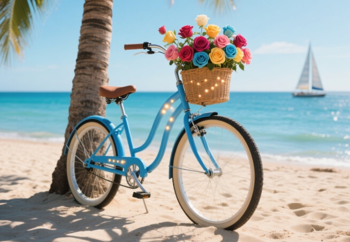 Custom beach cruiser bike with LED lights, trendy 2025 summer gift for her.