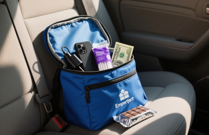 Custom emergency kit phone charger, tampon, $20 bill, chocolate