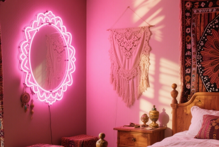 Custom pink neon sign illuminating bohemian bedroom with macrame wall hanging
