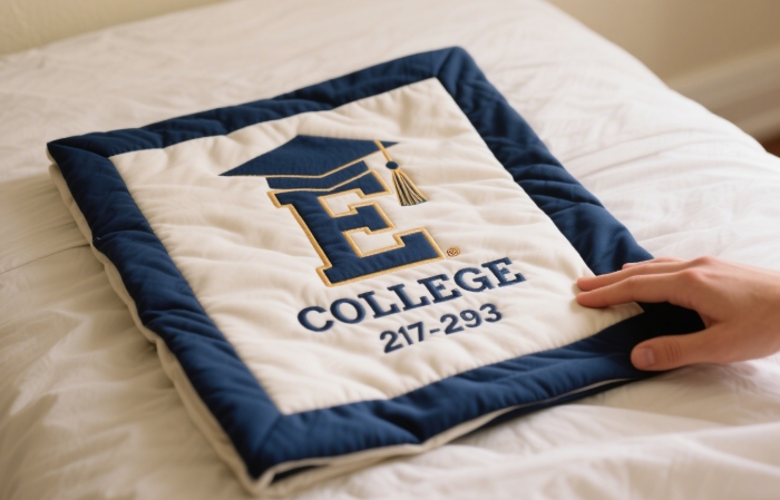 Custom quilt square with college colors, initials, and graduation date.