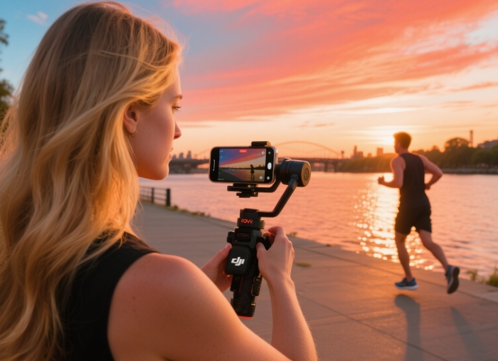 DJI Ronin gimbal stabilizerGimbal stabilizing a phone filming a runner in golden hour light